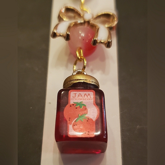 Handmade Cute Bows & Strawberry Jam Pendant Dangle Earrings - Picture 3 of 5